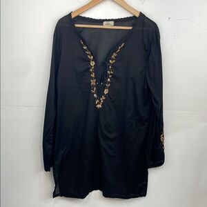 Tommy Bahamas Embroidered Black Tunic Top semi sheer boho size Medium Cotton